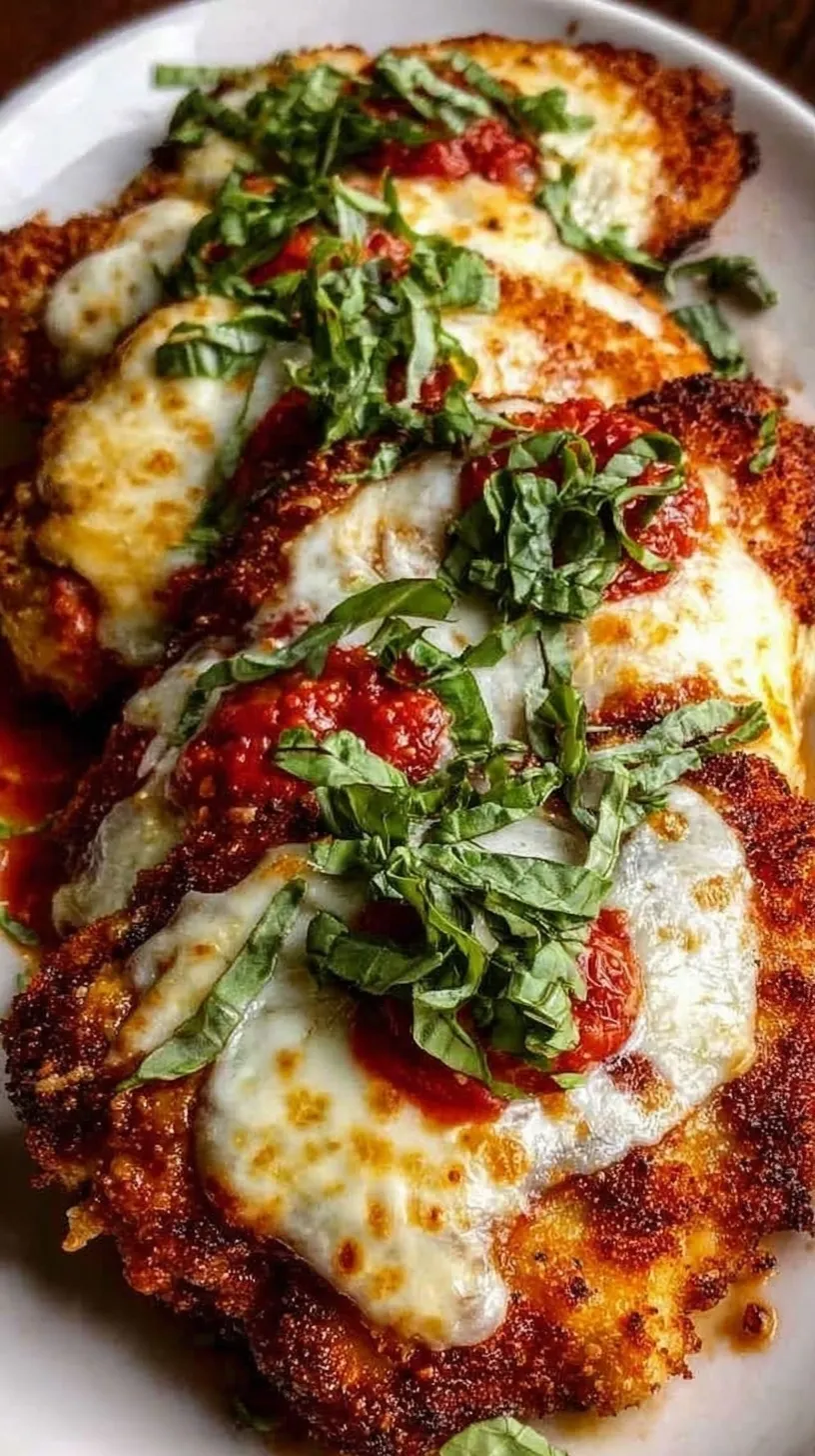 Golden brown crispy keto chicken parmesan topped with melted mozzarella and fresh basil in a cast iron skillet.