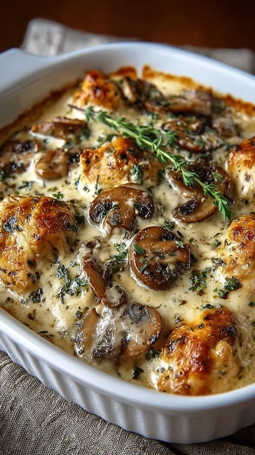 Creamy Keto Garlic Mushroom Chicken Casserole in a ceramic baking dish with melted mozzarella and fresh spinach