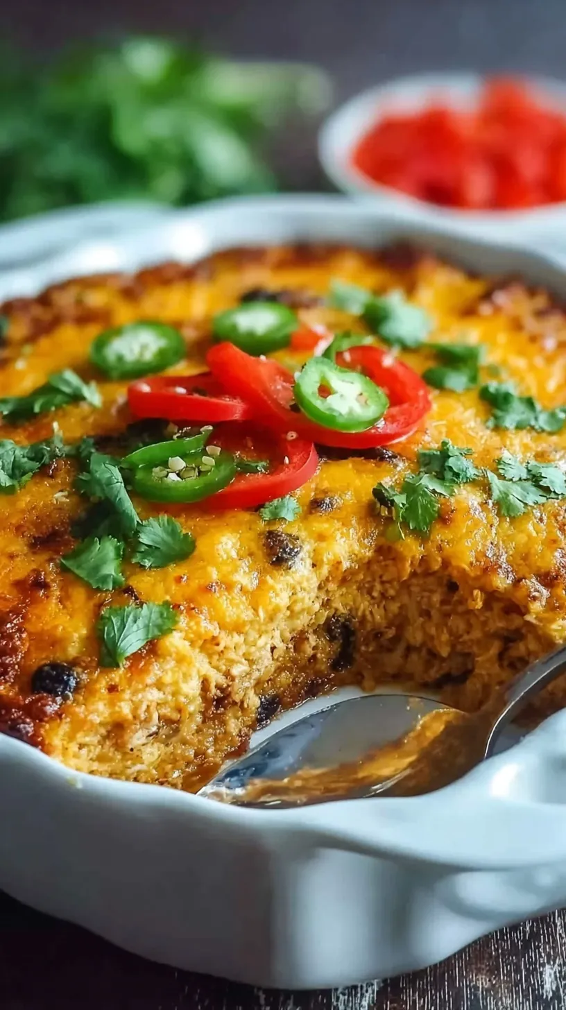 A golden brown Keto Mexican Chicken Casserole in a baking dish topped with melted cheese and green onions
