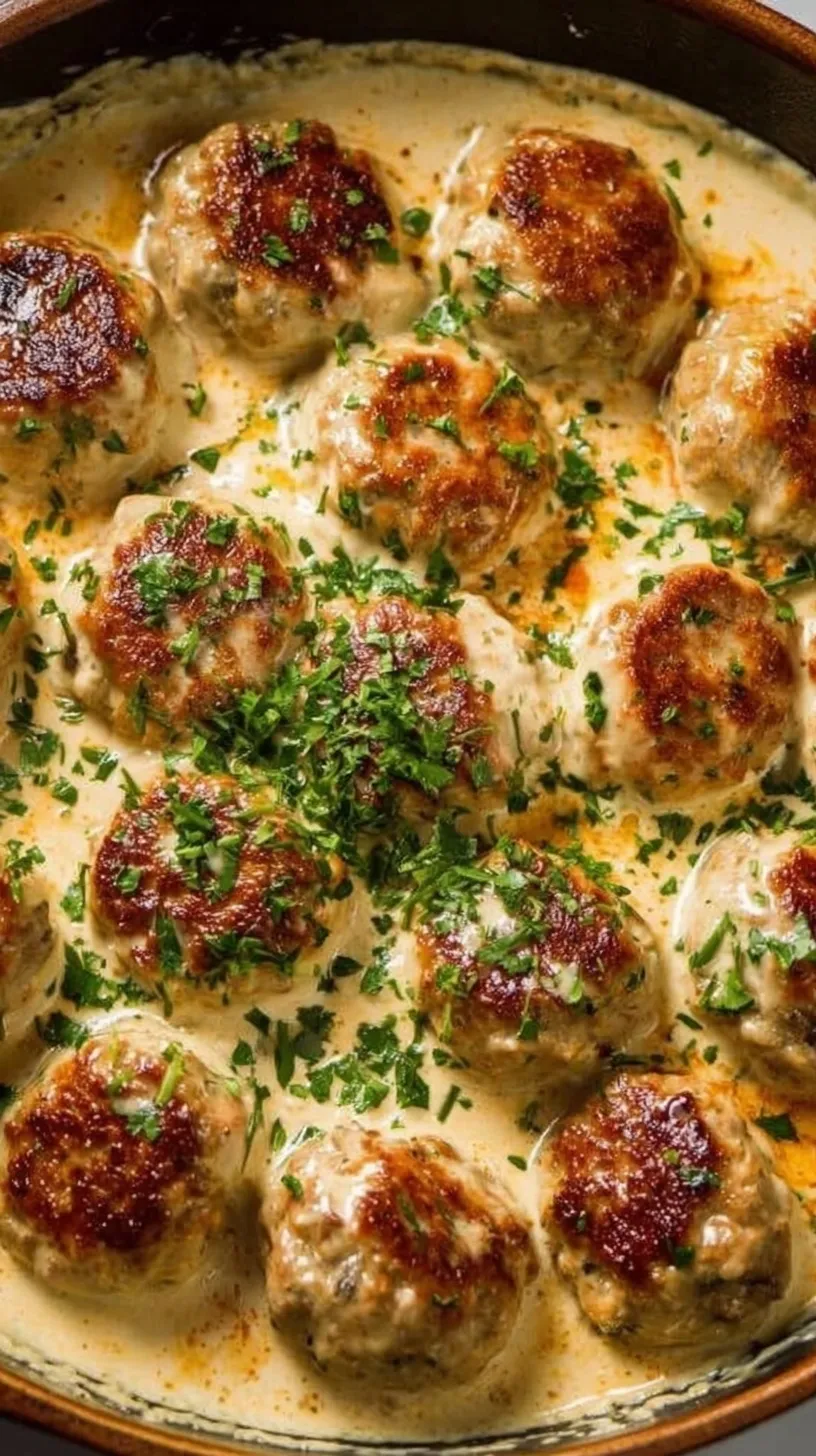 Golden brown turkey meatballs smothered in a white creamy parmesan sauce with fresh spinach and parsley in a black skillet.