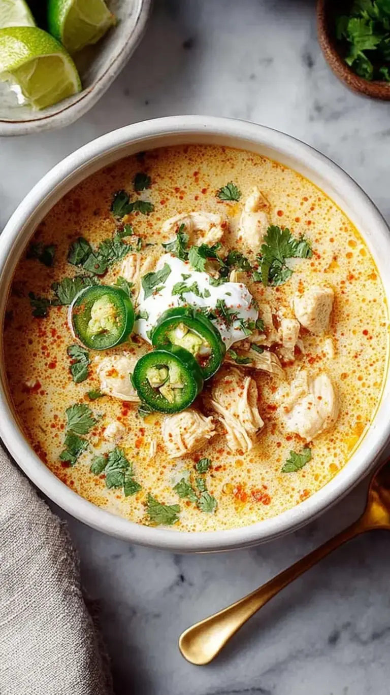 A bowl of creamy Keto White Chicken Chili topped with Monterey Jack cheese and cilantro.