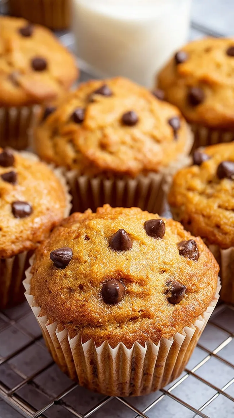 A stack of golden brown Kodiak Power Muffins with melted chocolate chips on a wire cooling rack.
