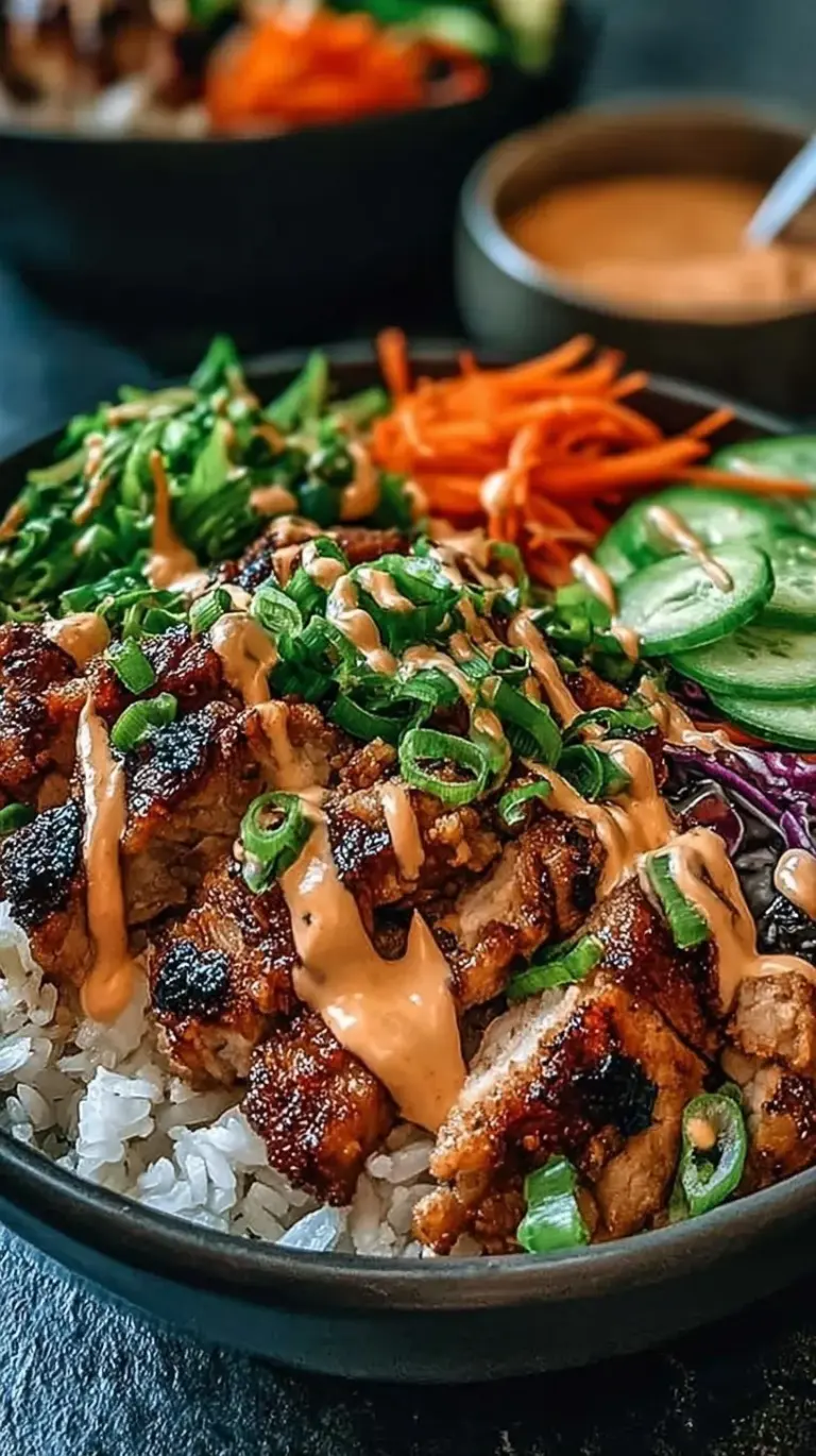 A vibrant bowl of Korean BBQ chicken, jasmine rice, fresh cucumbers, julienned carrots, and kimchi drizzled with orange gochujang sauce.