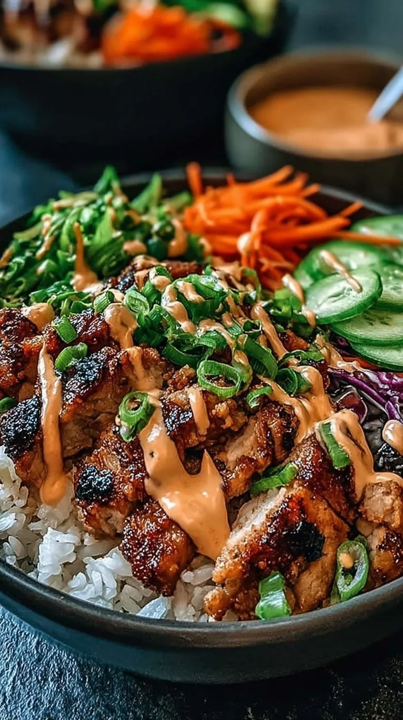 A vibrant bowl of Korean BBQ chicken, jasmine rice, fresh cucumbers, julienned carrots, and kimchi drizzled with orange gochujang sauce.