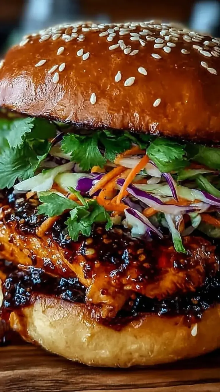 A juicy grilled Korean BBQ chicken sandwich on a toasted brioche bun with sesame slaw and kimchi.