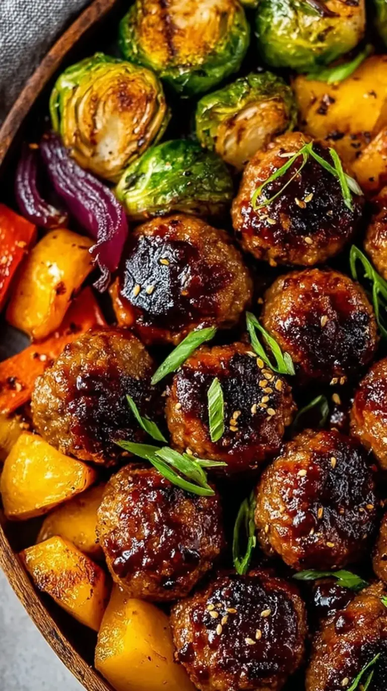 Glazed Korean BBQ meatballs with roasted broccoli and carrots on a sheet pan.