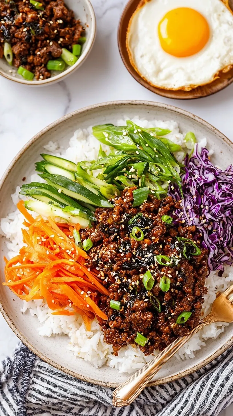 A steaming bowl of Korean ground beef over white rice topped with fresh green onions and sesame seeds