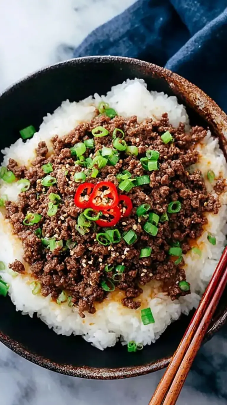 A bowl of savory Korean ground beef over white rice garnished with green onions and sesame seeds