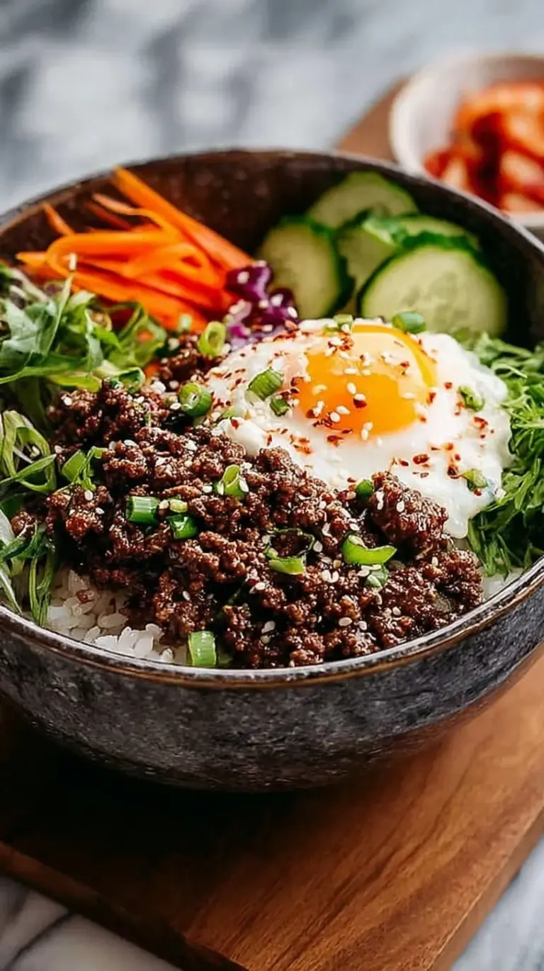 A steaming bowl of Korean ground beef with green onions and sesame seeds over white rice