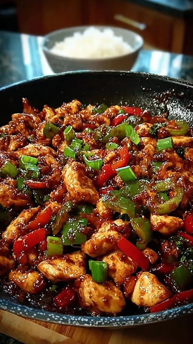 A steaming skillet of Korean Spicy Chicken Stir Fry with cabbage, sweet potatoes, and rice cakes in a red gochujang sauce.