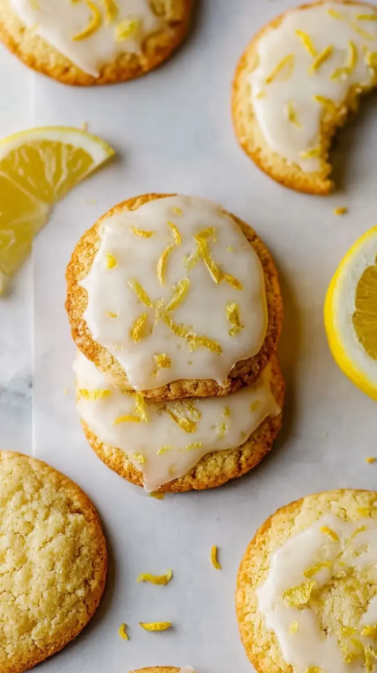 A stack of golden brown Lemon Almond Flour Cookies on a white plate with fresh lemon zest sprinkled on top.