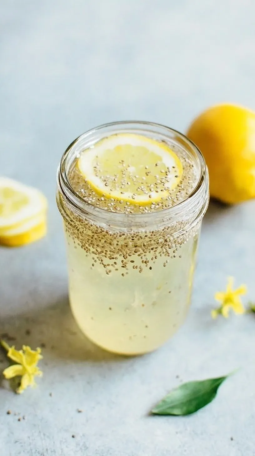 A tall glass of Lemon Chia Fresca with ice and a lemon slice