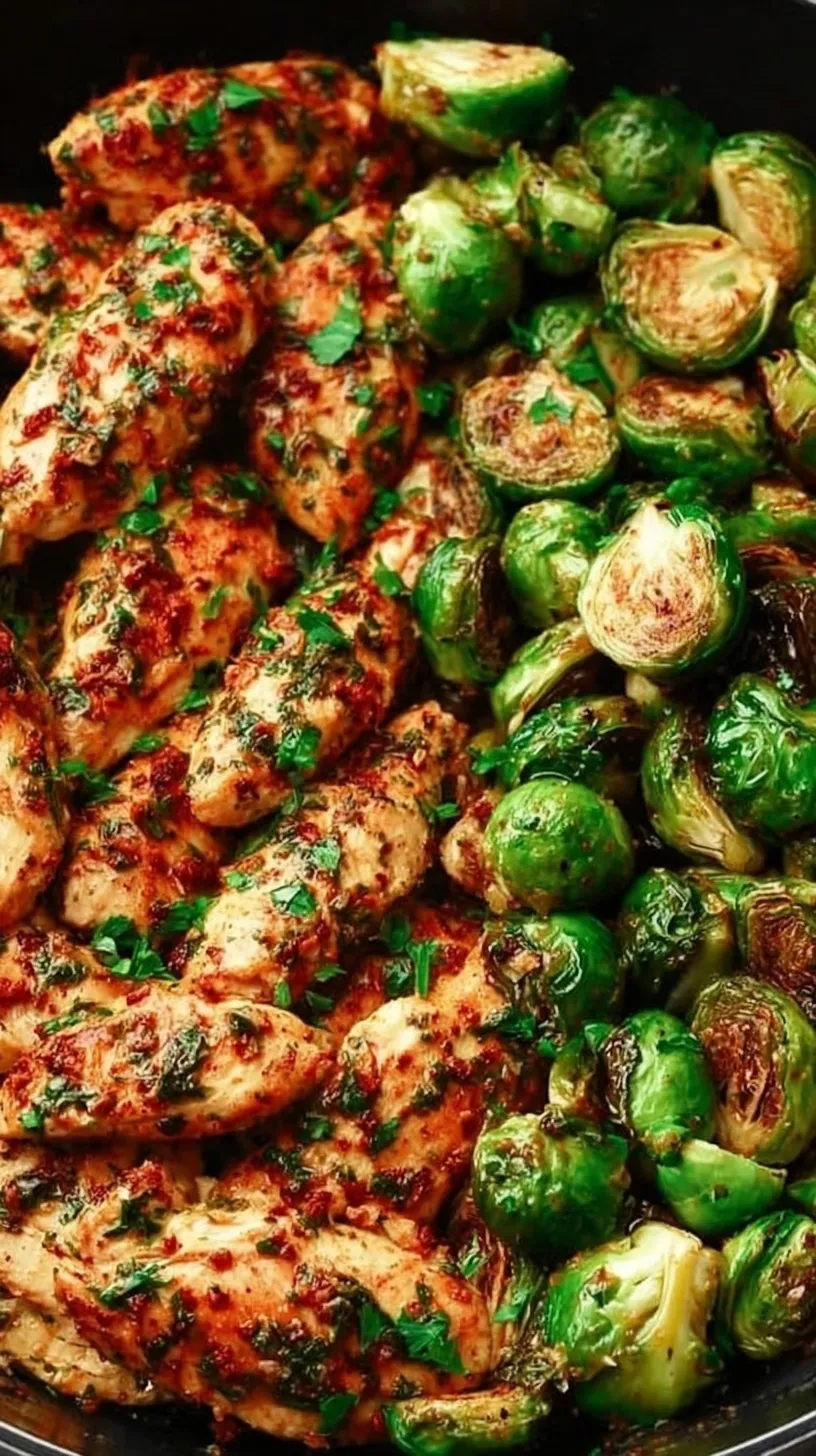 Pan-seared chicken pieces and charred Brussels sprouts in a lemon garlic butter sauce in a black skillet.