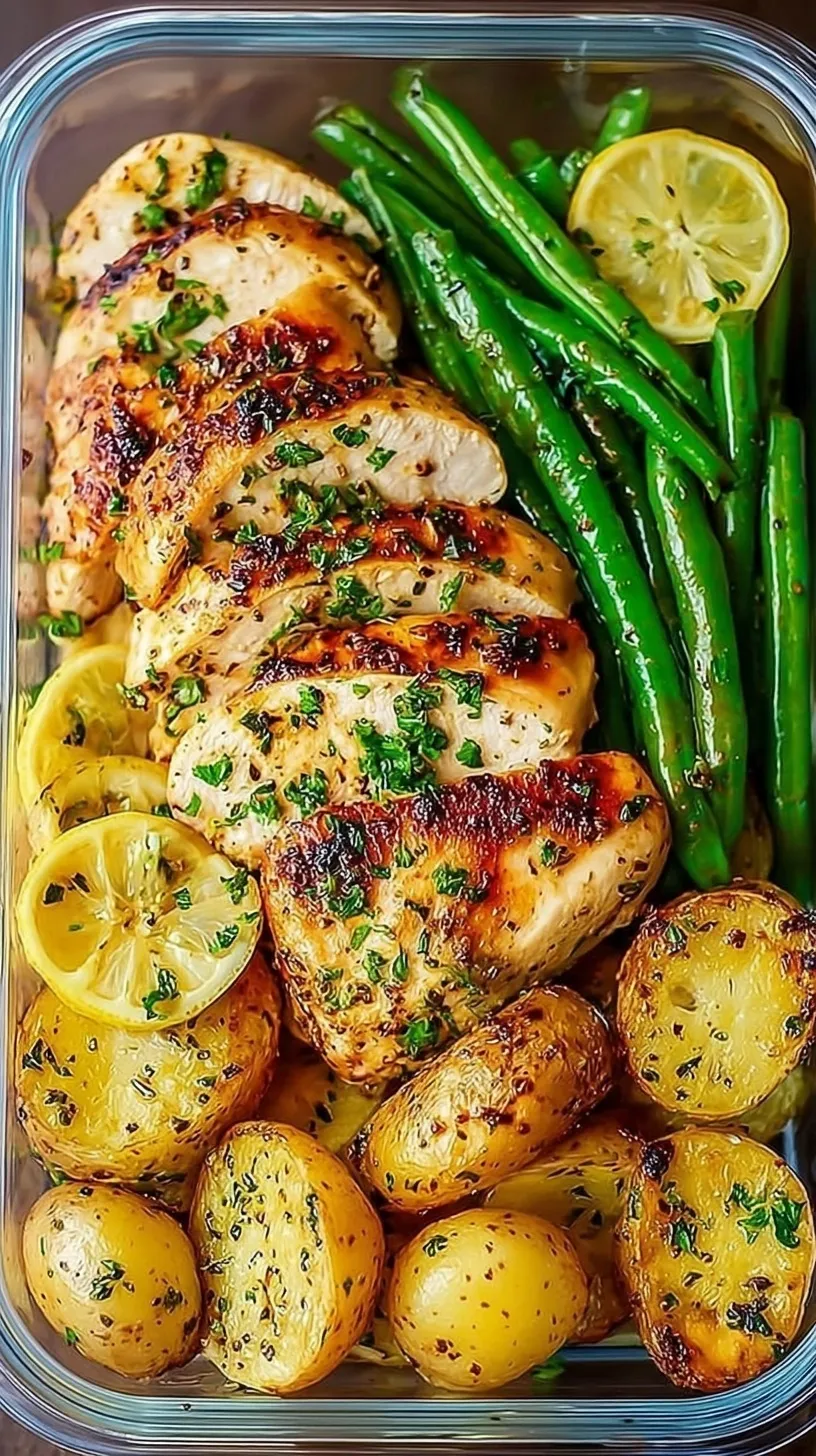 High-protein lemon garlic chicken with roasted broccoli and quinoa in meal prep containers