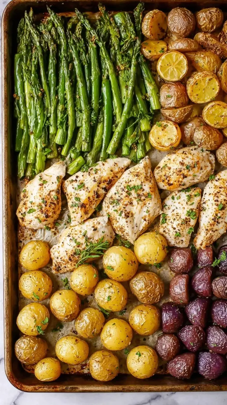 A sheet pan filled with roasted lemon garlic chicken thighs, golden potatoes, and green asparagus spears.