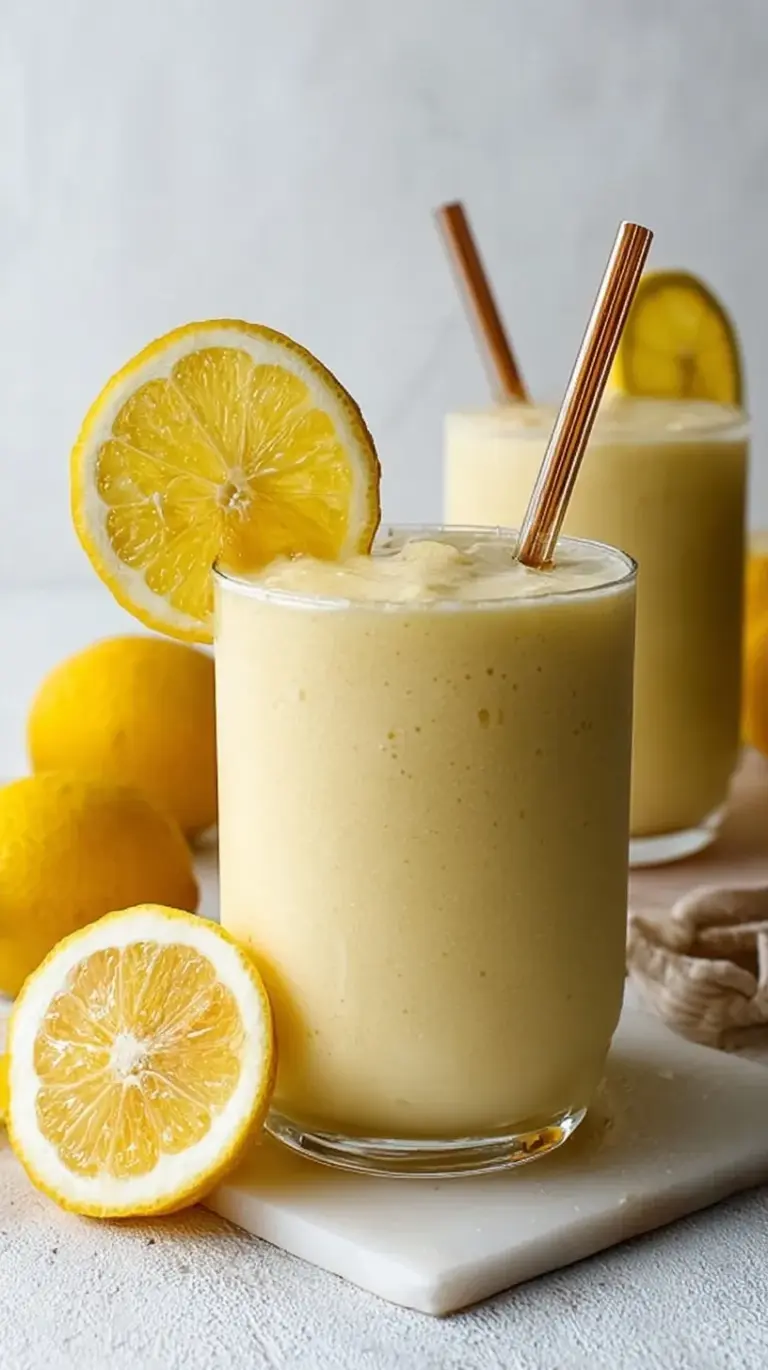A frothy, creamy lemon smoothie in a chilled glass with a lemon zest garnish and a straw.