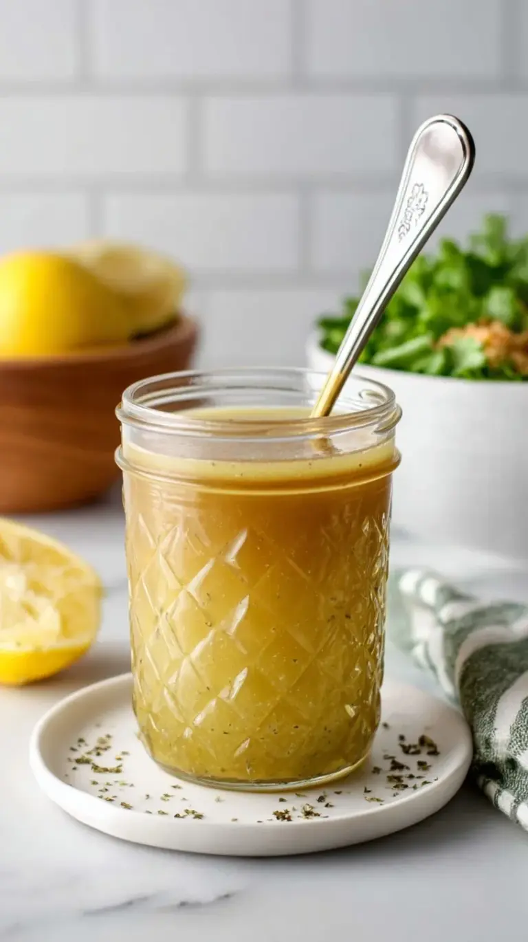 A glass jar of golden lemon vinaigrette dressing next to fresh lemons and a whisk.