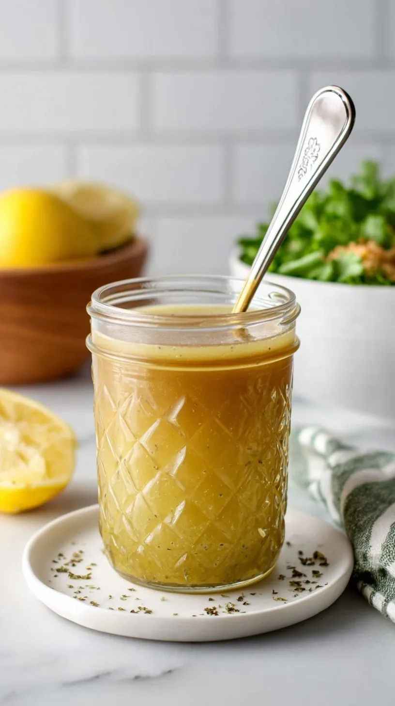 A glass jar of golden lemon vinaigrette dressing next to fresh lemons and a whisk.