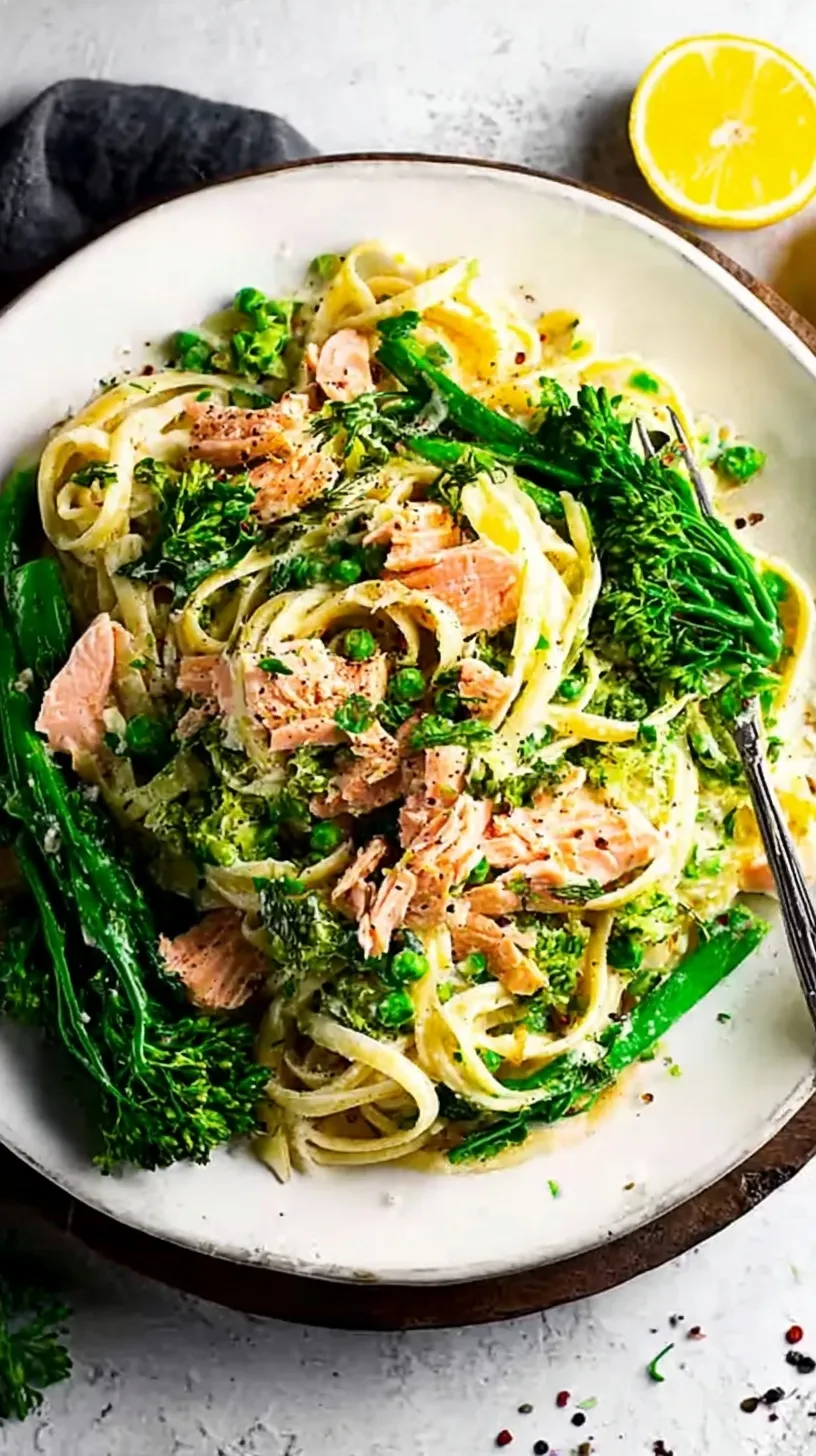A close-up shot of creamy Lemony Salmon Pasta with flaked seared salmon and fresh parsley in a white bowl.