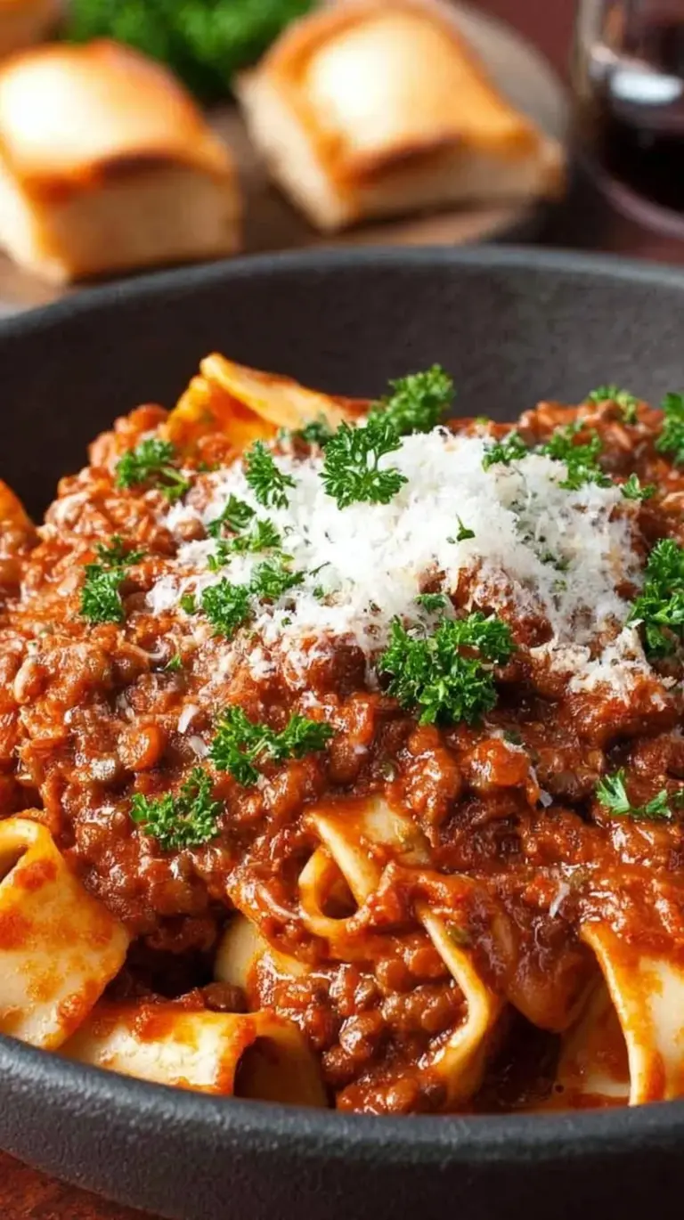 A close-up shot of rich, thick Lentil Ragu served over al dente pasta with fresh herbs.