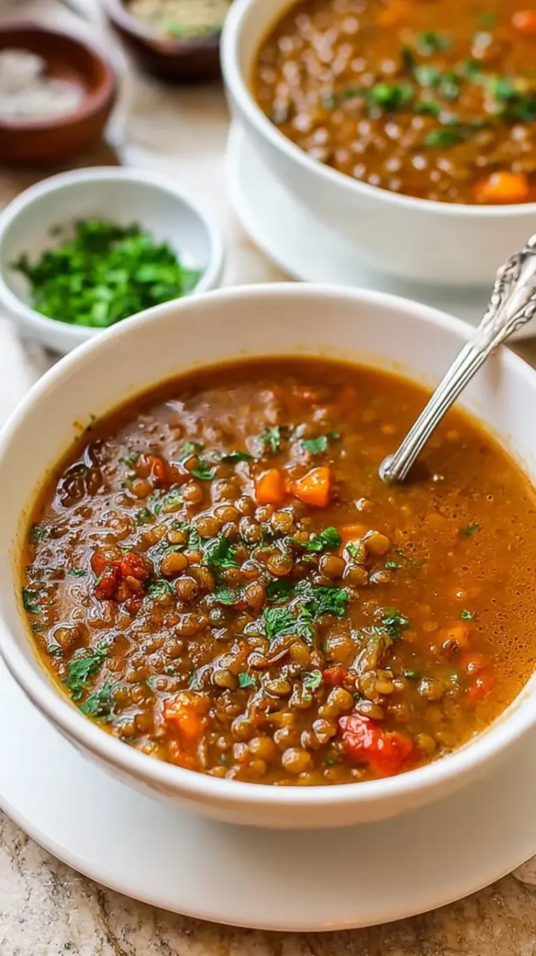 A steaming bowl of thick lentil soup with carrots, spinach, and a lemon wedge on top.