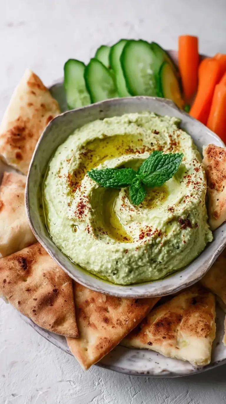 A bowl of creamy lima bean hummus topped with olive oil and herbs next to fresh vegetables