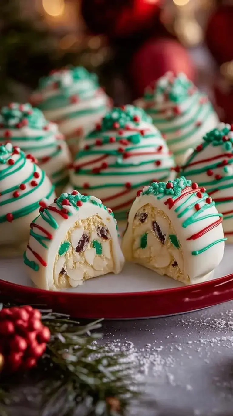Festive white chocolate covered truffles decorated with red and green sprinkles on a holiday platter.