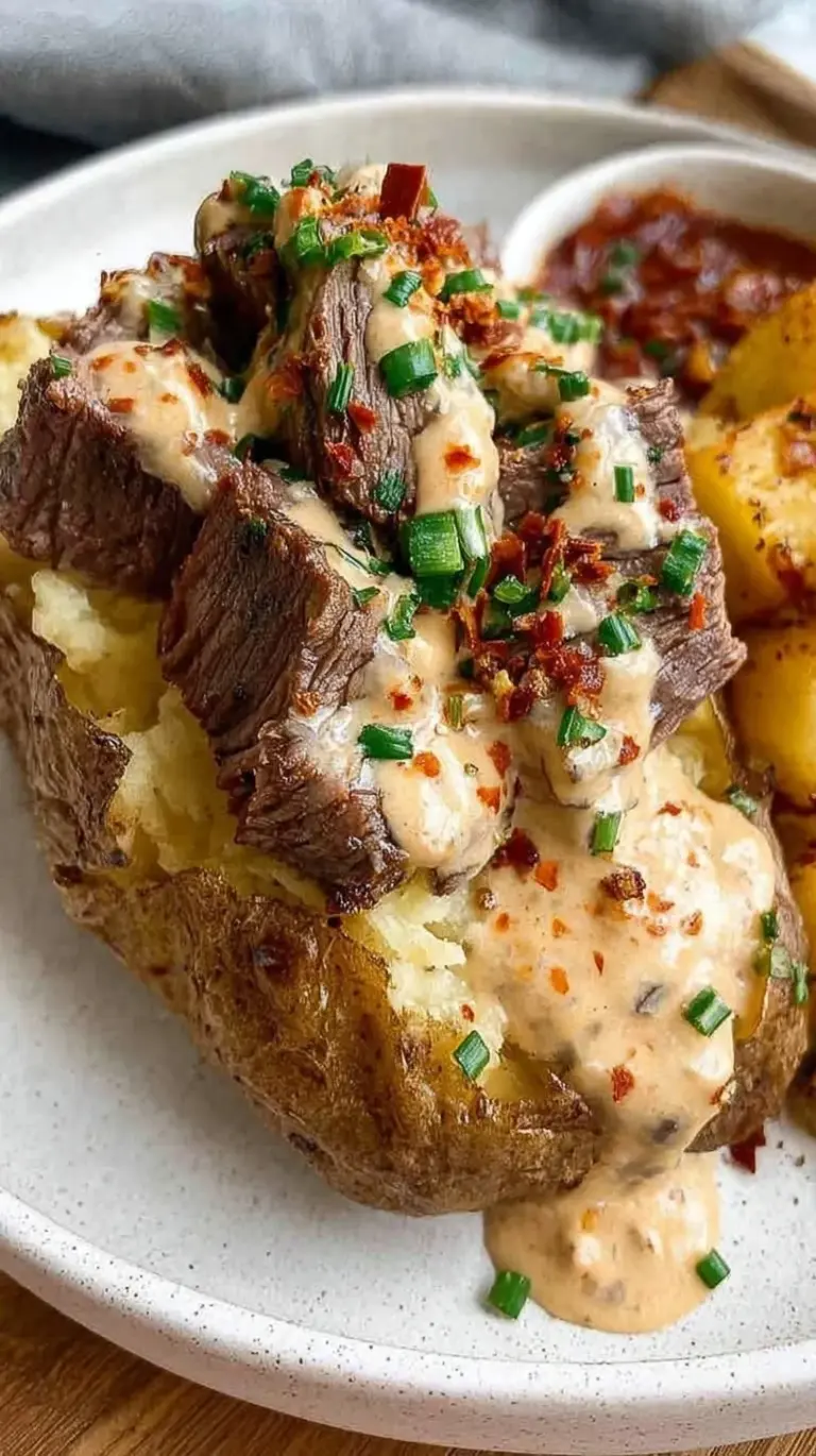 A fluffy baked potato loaded with seared steak strips, melted cheddar cheese, bacon crumbles, and sour cream.