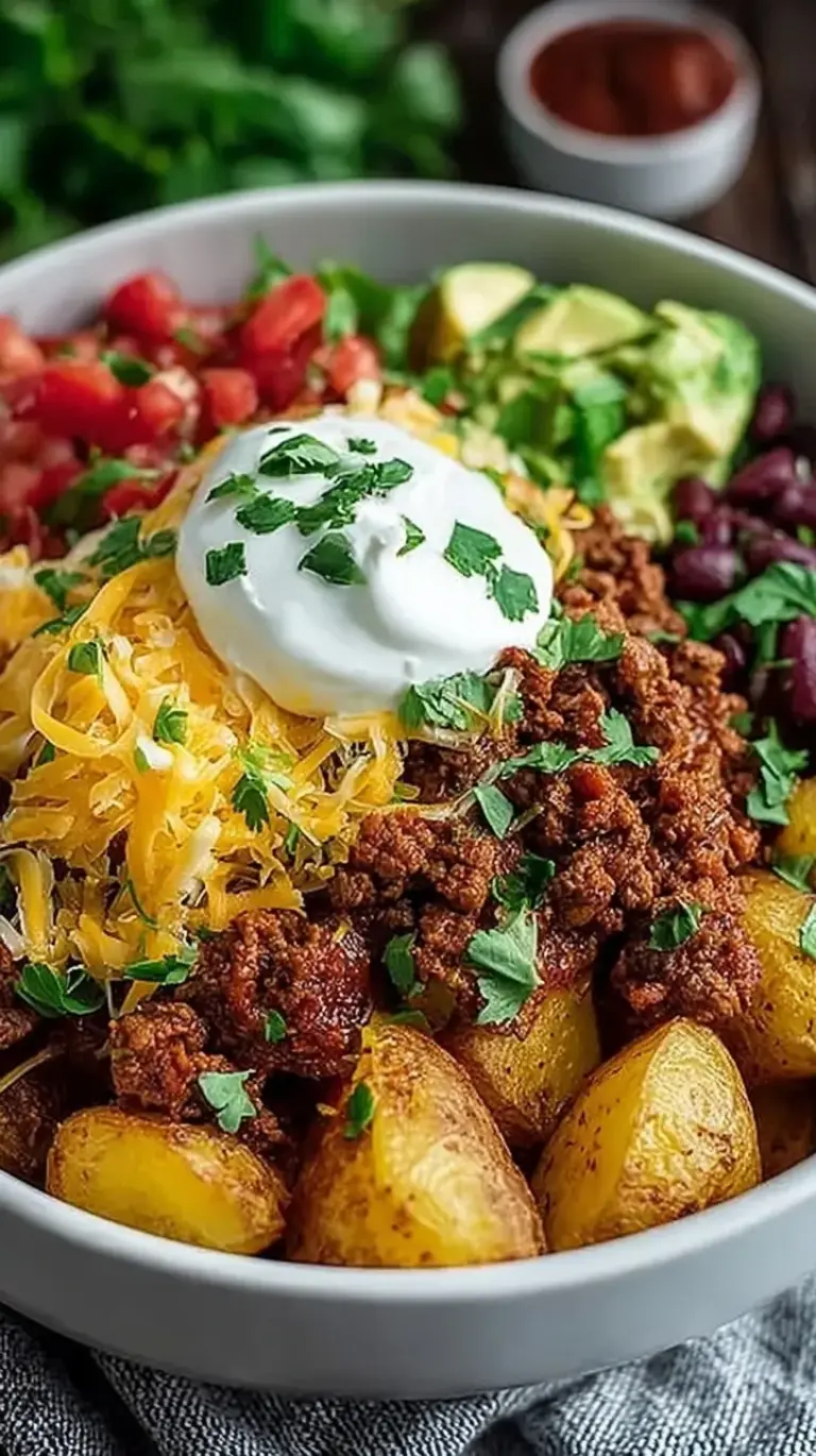 A vibrant Loaded Potato Taco Bowl with crispy roasted potatoes, seasoned beef, black beans, corn, and fresh cilantro.