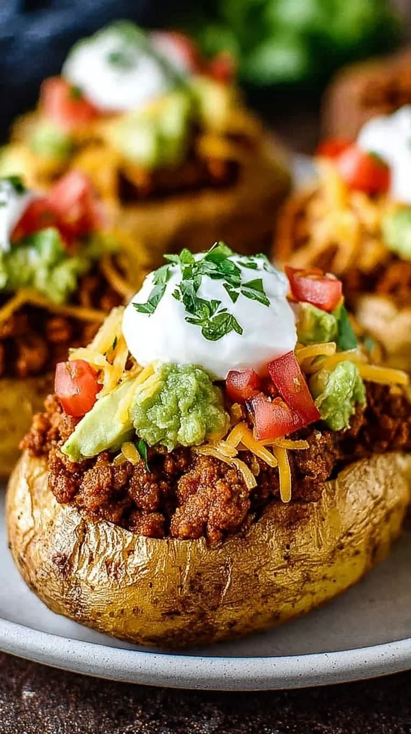 A row of four crispy baked potatoes stuffed with seasoned ground beef, melted cheddar cheese, sour cream, and salsa.