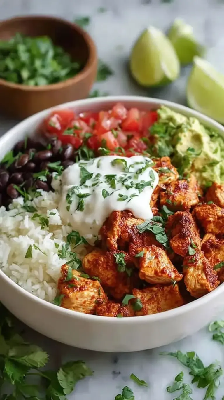 A vibrant Low-Calorie Chicken Burrito Bowl with sautéed chicken, black beans, corn, and fresh vegetables over cauliflower rice.