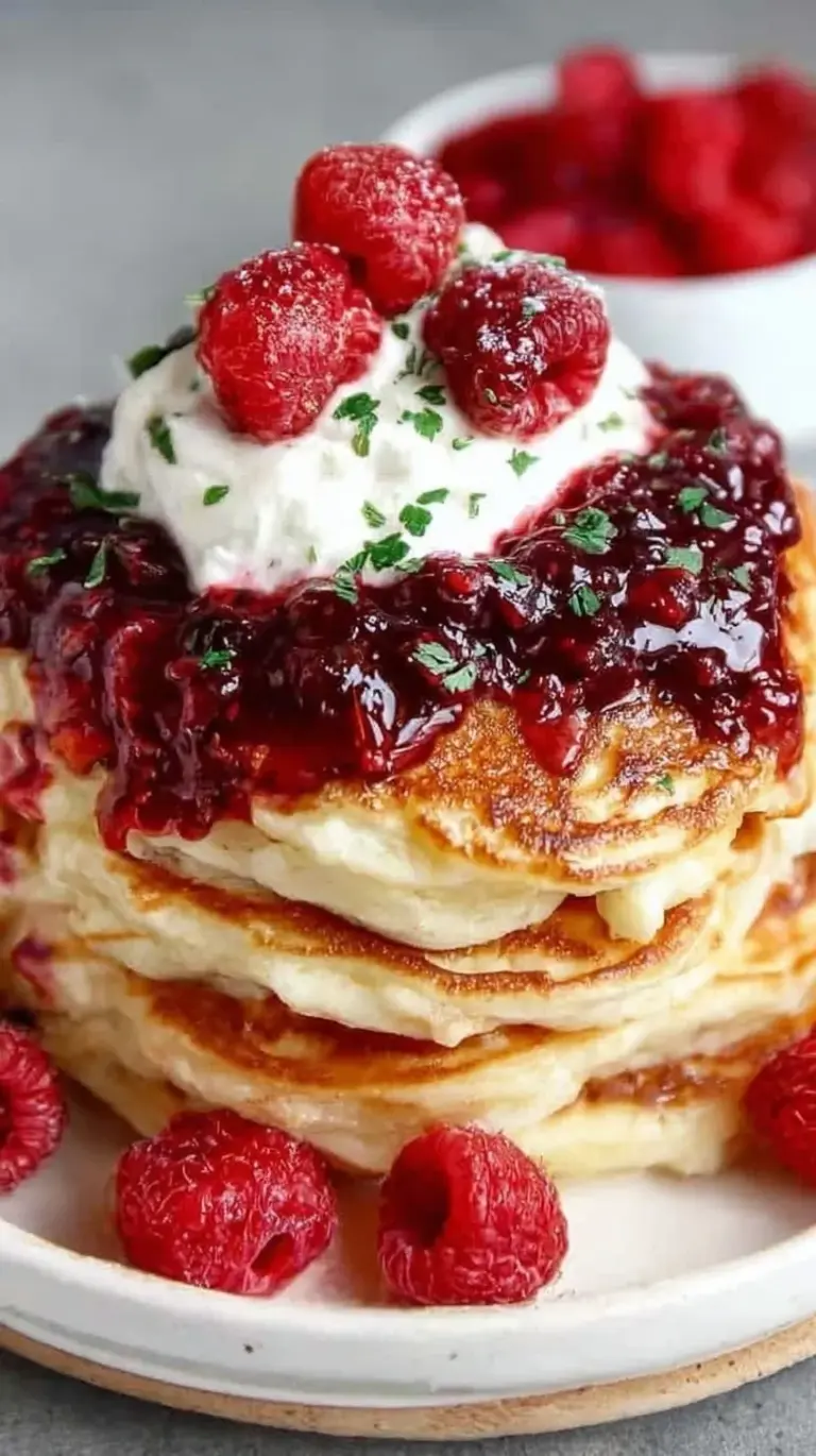 A stack of fluffy low calorie protein pancakes on a white plate with fresh berries