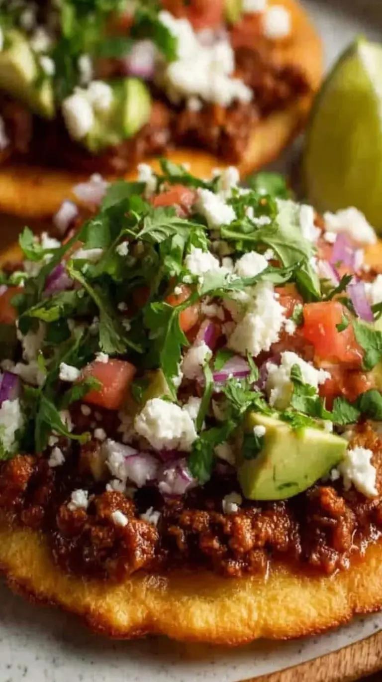 Crispy baked chicken tostadas topped with fresh lettuce, tomatoes, and salsa verde on a white plate.