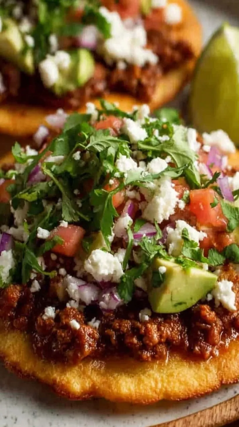 Crispy baked chicken tostadas topped with fresh lettuce, tomatoes, and salsa verde on a white plate.