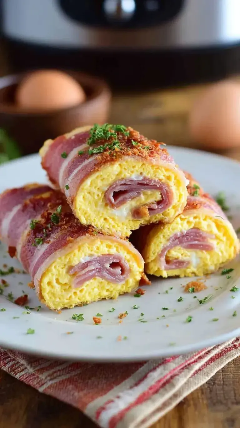 Four golden egg roll ups filled with melted cheddar cheese and crispy bacon on a white plate garnished with chives.