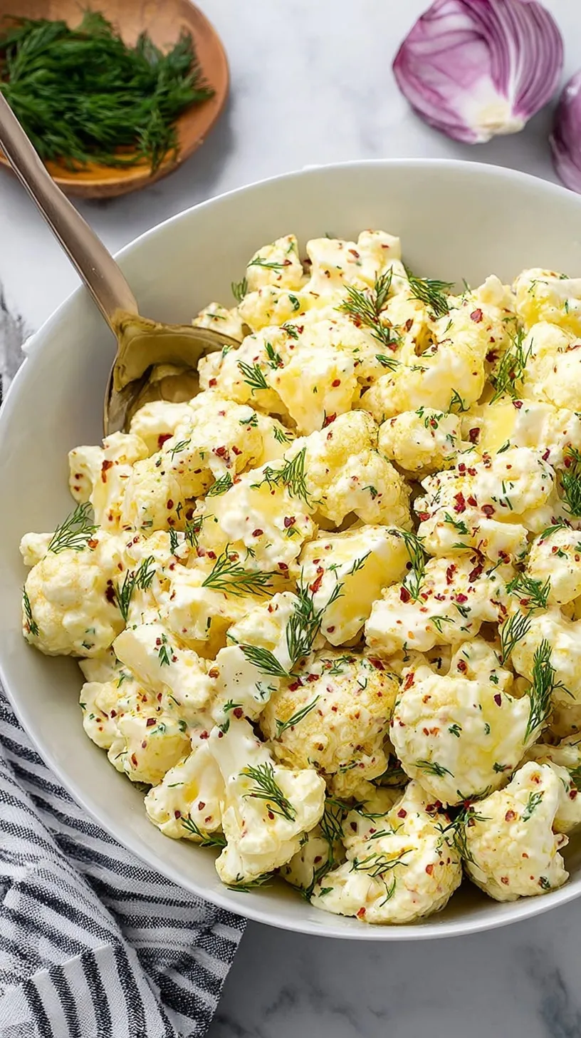 A bowl of creamy cauliflower potato salad topped with fresh dill and paprika.
