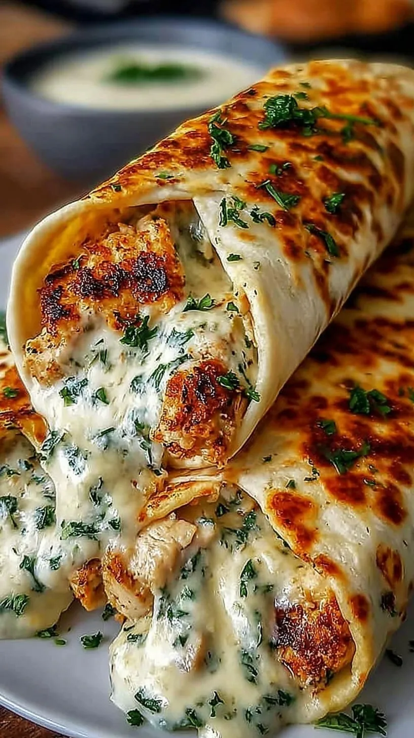 Cheesy garlic chicken wrapped in a low-carb tortilla with fresh spinach