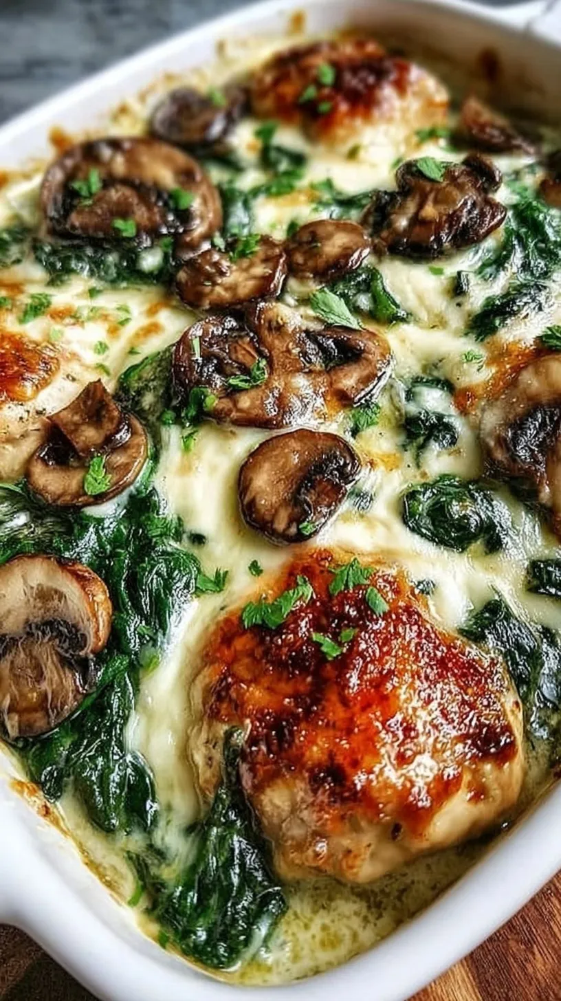 A bubbling skillet of Chicken Spinach Mushroom Bake with melted mozzarella cheese and fresh spinach.