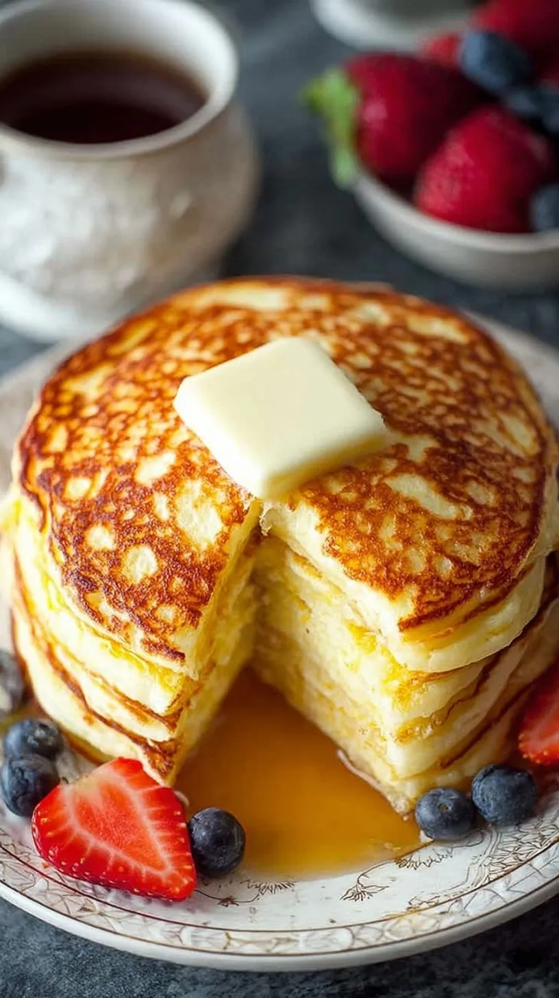 Stack of fluffy flourless cottage cheese pancakes topped with fresh berries and syrup