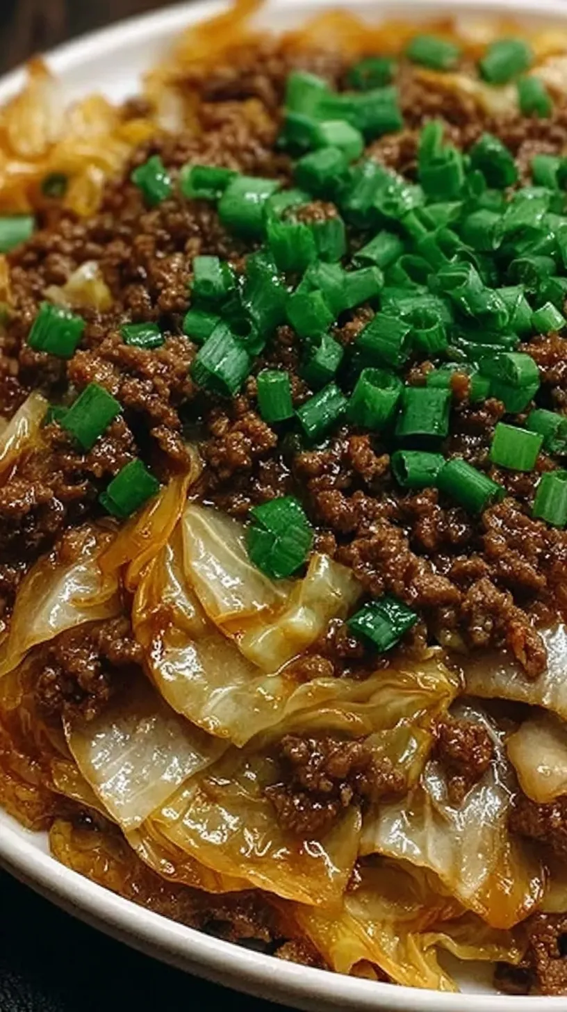 Savory sliced flank steak and shredded cabbage stir-fry in a dark soy-ginger sauce with green onions.