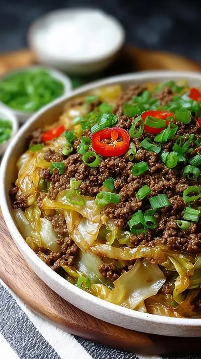 A skillet of savory Mongolian ground beef mixed with shredded cabbage and green onions.