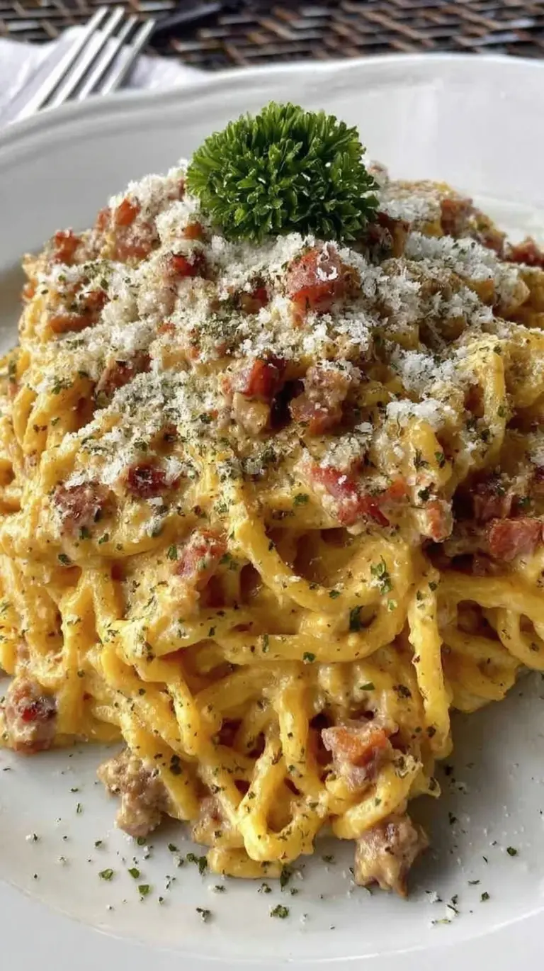 A bowl of Low Carb Pasta Carbonara made with zucchini noodles and crispy guanciale
