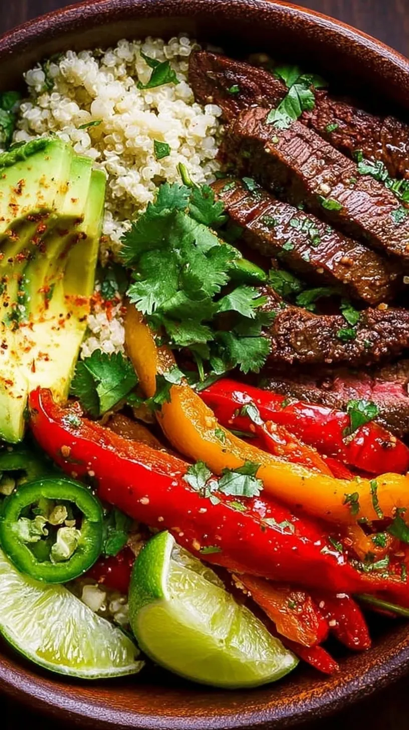A vibrant Low Carb Steak Fajita Bowl with seared flank steak, sautéed peppers, avocado slices, and lime on a bed of cauliflower rice.