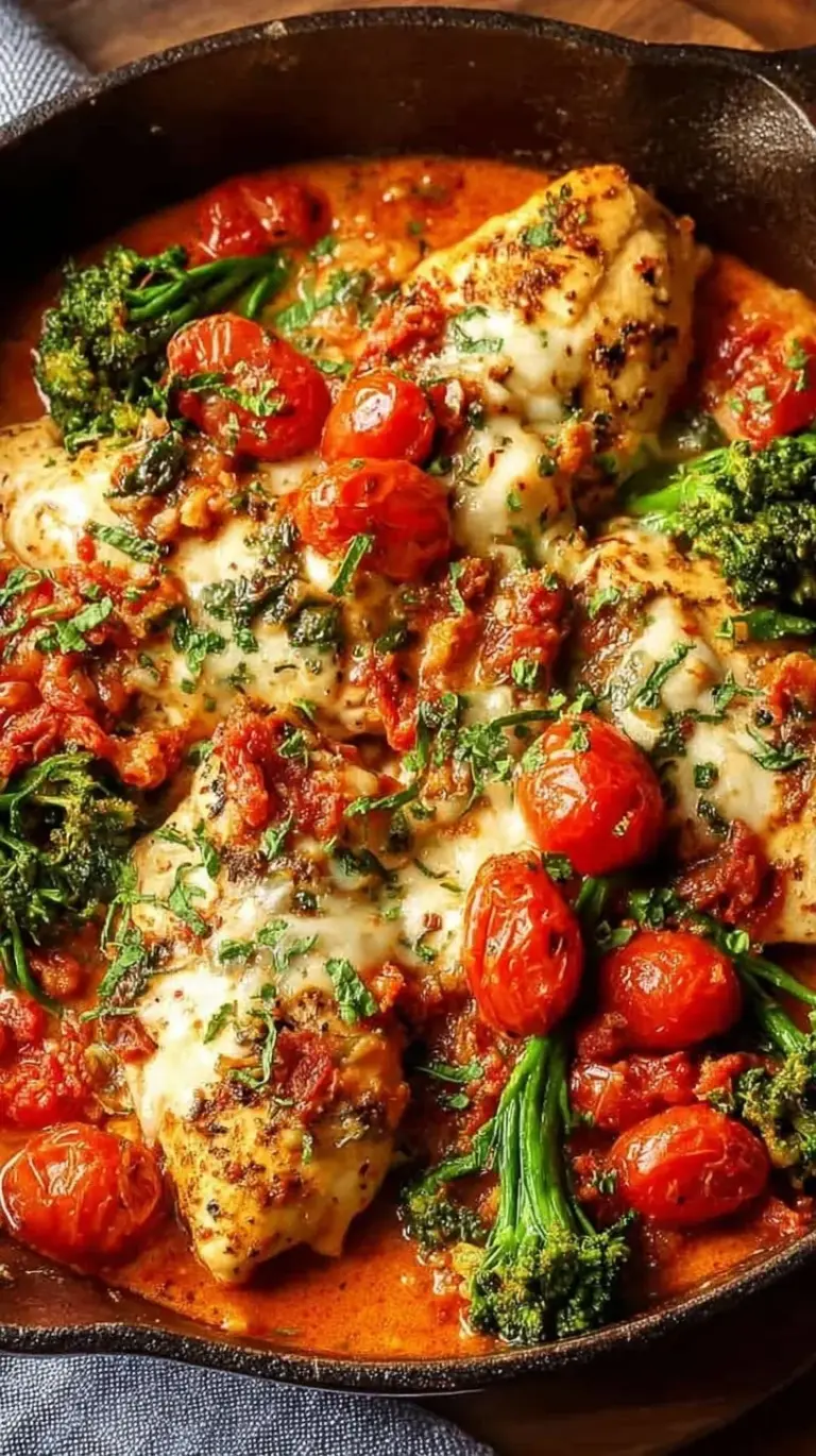 Skillet of creamy Low-Carb Tuscan Chicken with spinach and sun-dried tomatoes