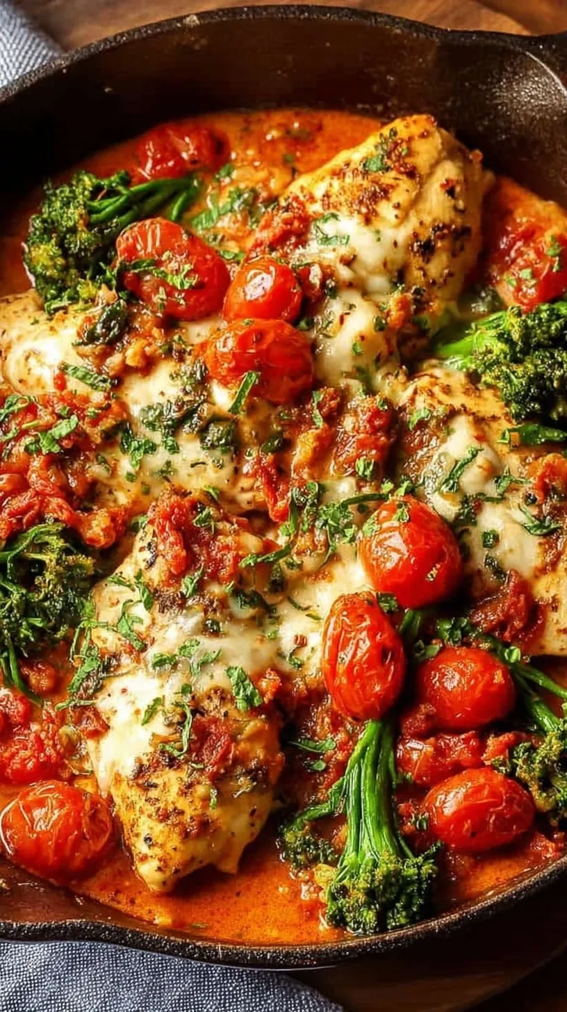 Skillet of creamy Low-Carb Tuscan Chicken with spinach and sun-dried tomatoes