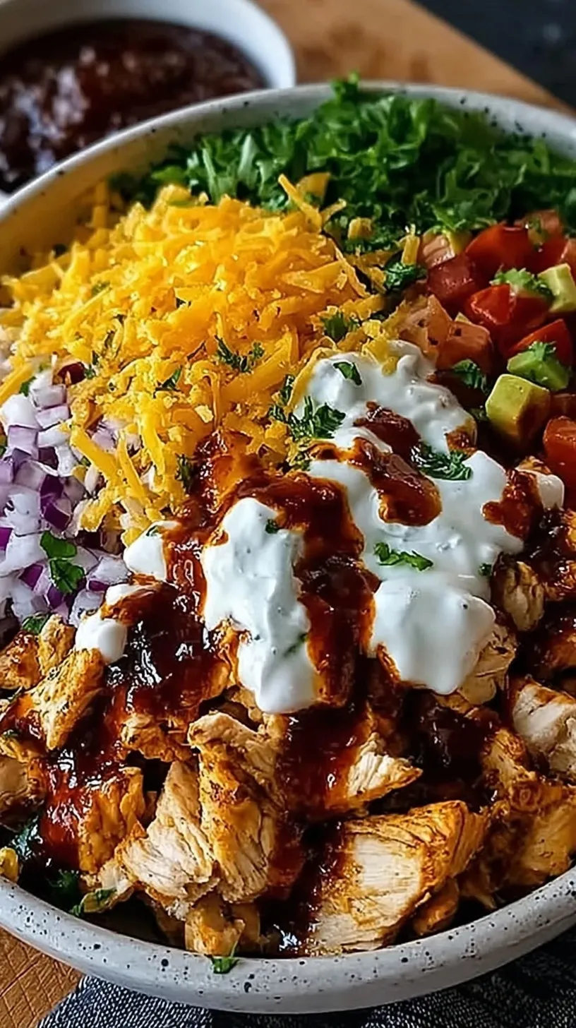 A colorful meal prep bowl with grilled chicken, brown rice, broccoli, corn, beans, and creamy BBQ ranch dressing.