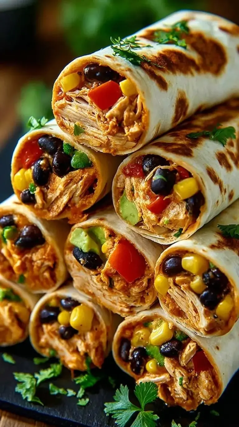 Sliced Southwest chicken roll-ups showing colorful black beans, corn, and shredded chicken inside whole wheat tortillas.