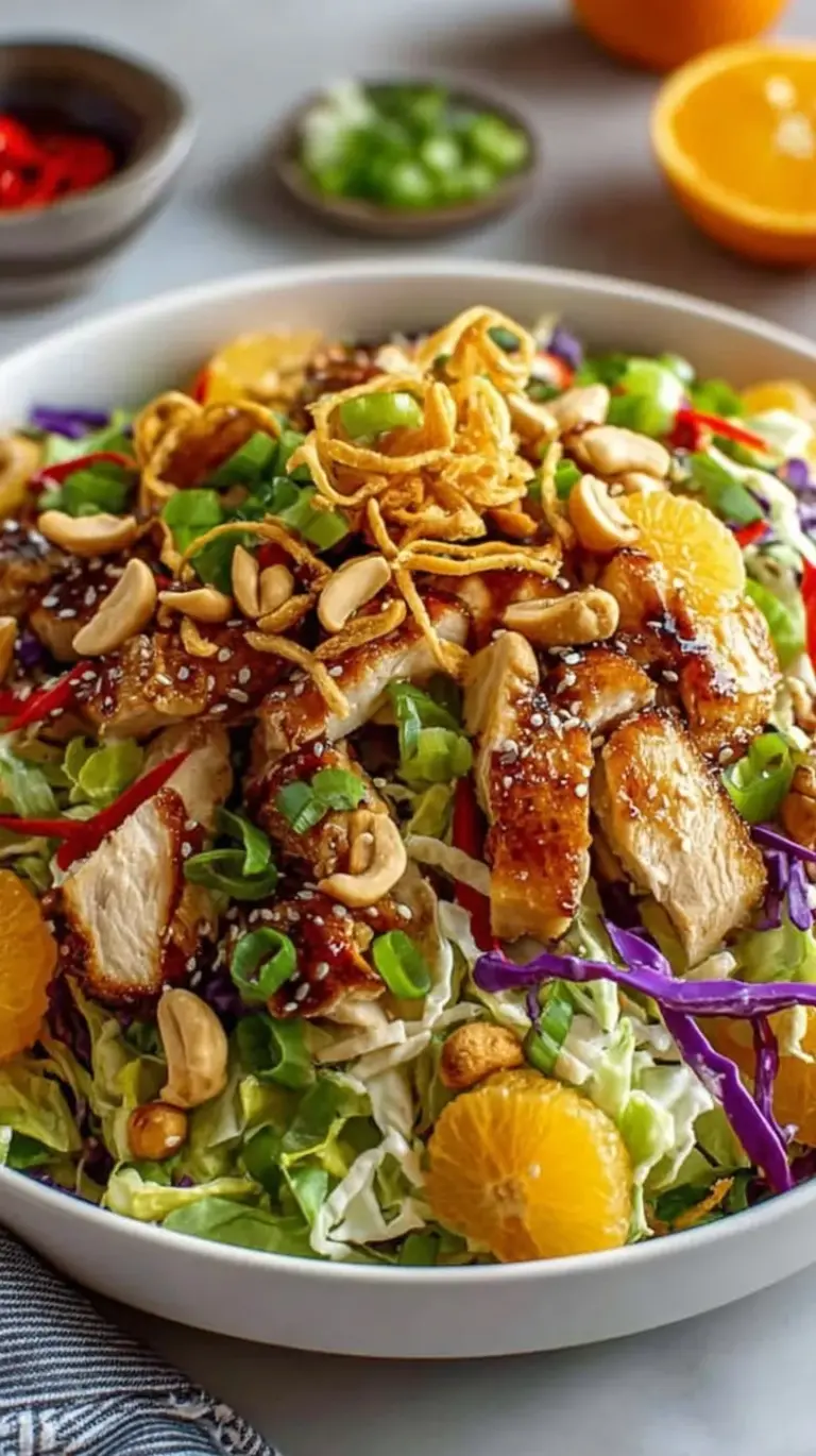 A vibrant Mandarin Chicken Salad in a bowl with shredded chicken, orange segments, cabbage, and crunchy noodles.