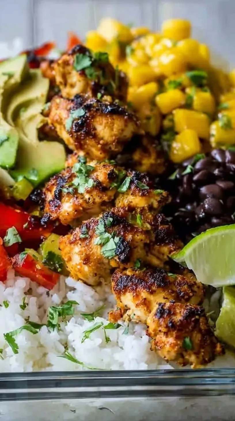 Four glass meal prep containers filled with honey-lime chicken, white jasmine rice, and colorful mango red pepper salsa.