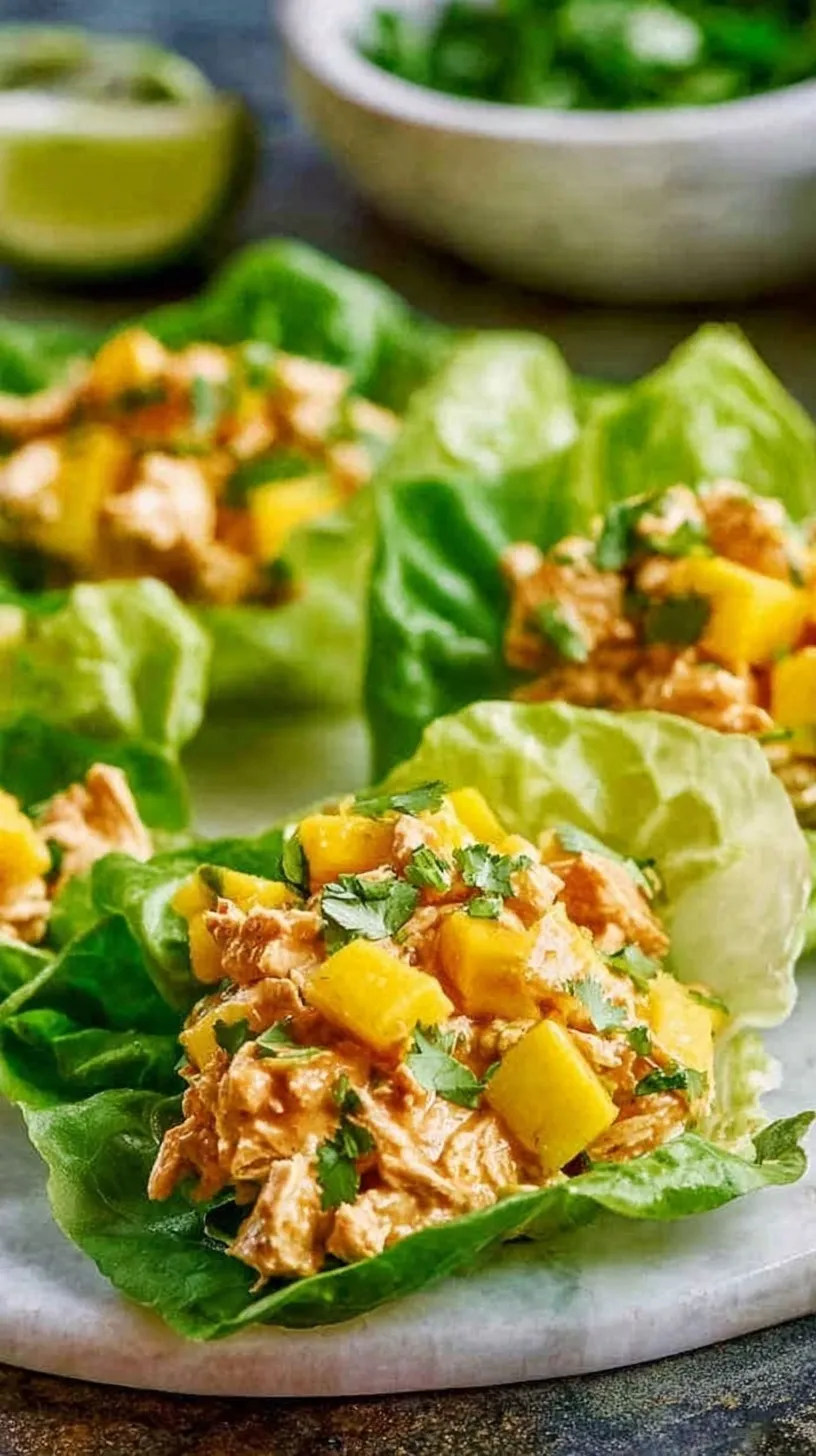 Fresh mango chipotle chicken salad served in vibrant green butter lettuce cups on a white platter